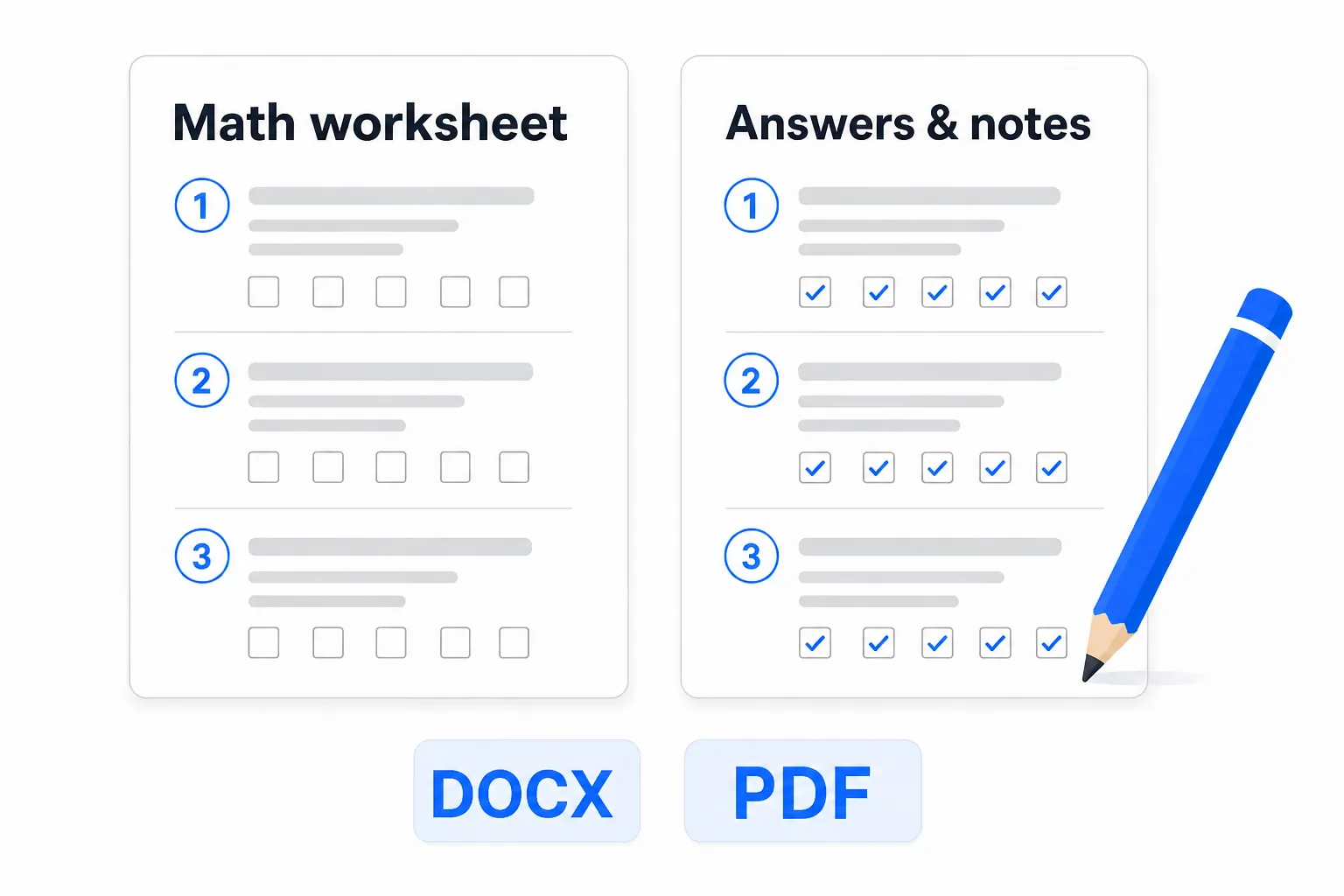 Diagram: worksheet with answer key generated together (DOCX, PDF)