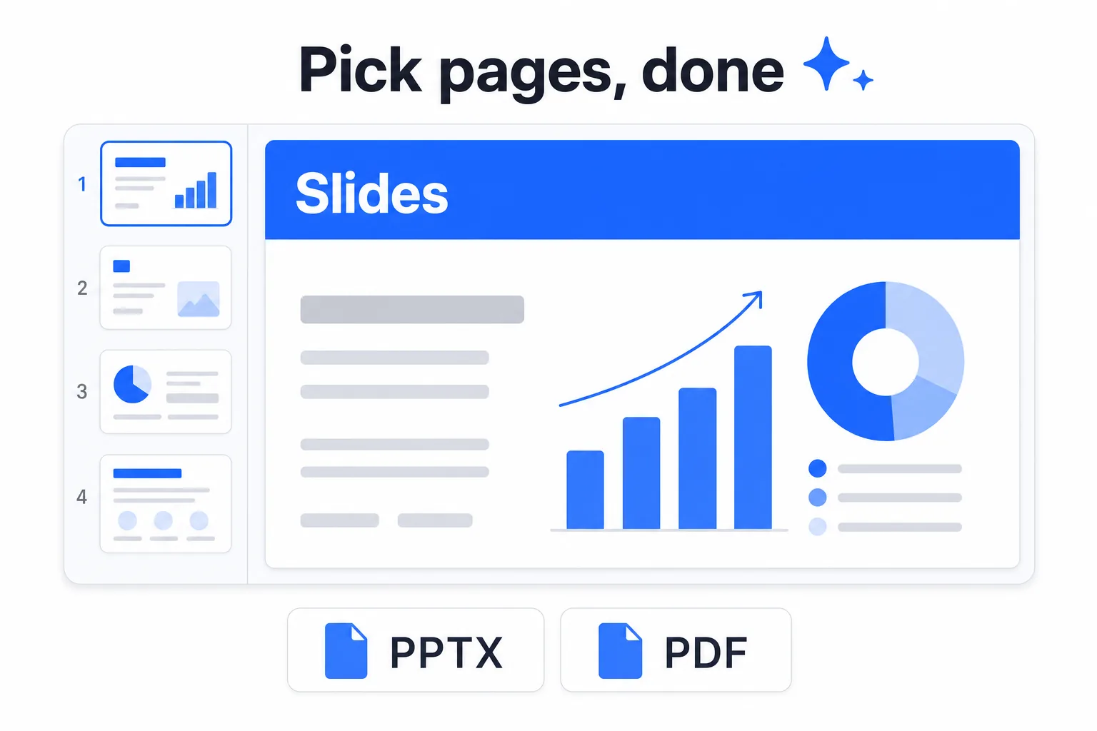 Diagram: pick the page count and the slide deck is generated (PPTX, PDF)