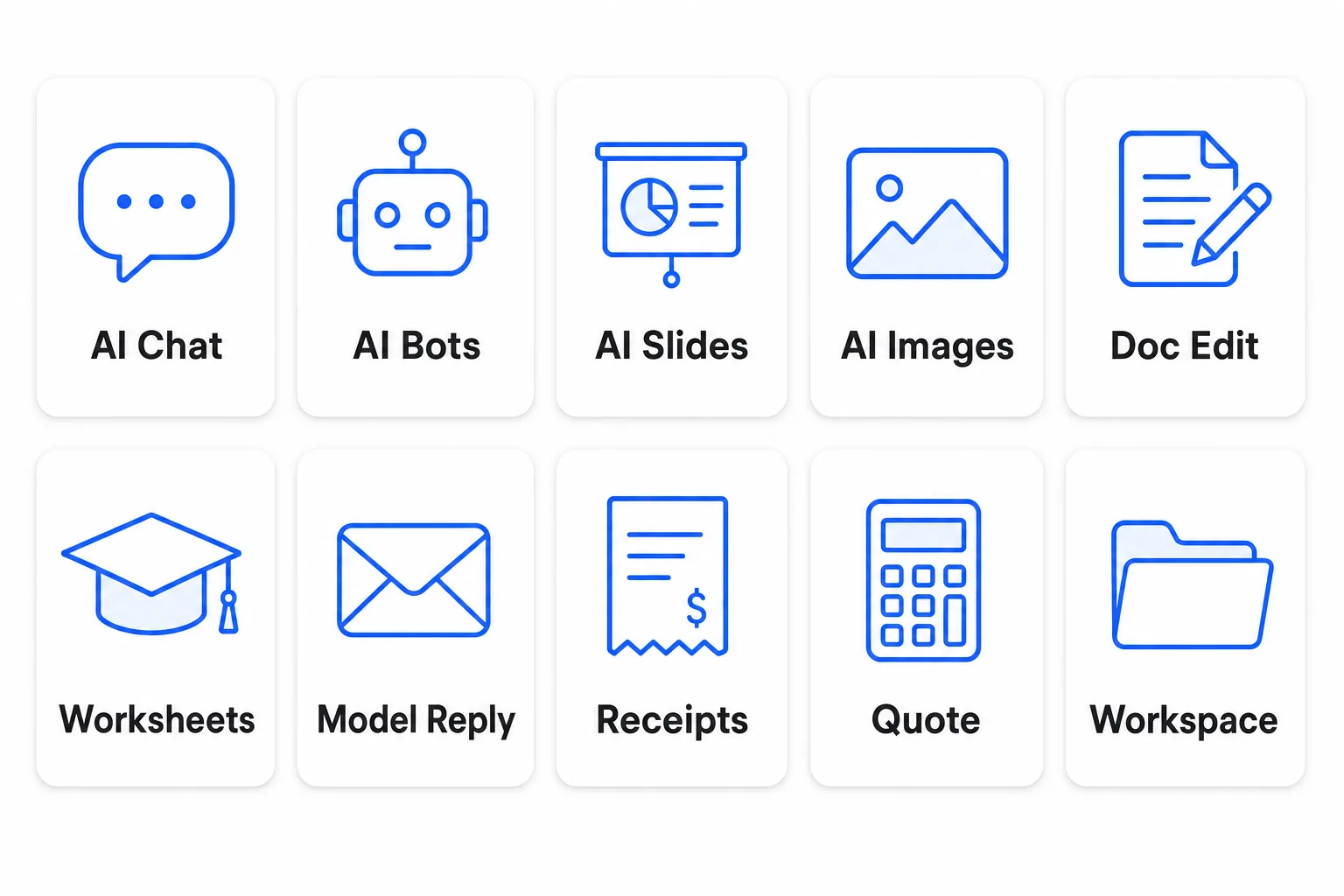 Ten features in one account — AI chat, bots, slides, images, doc edit, worksheets, replies, receipts, quotes, workspace