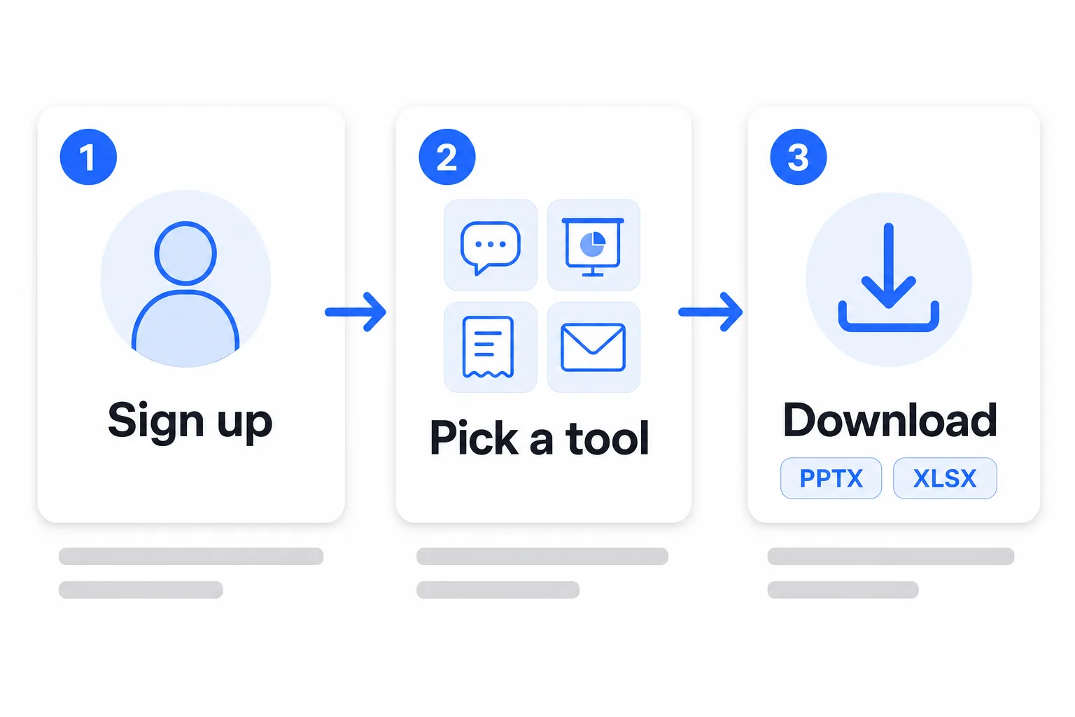 Three steps — sign up, pick a tool, download